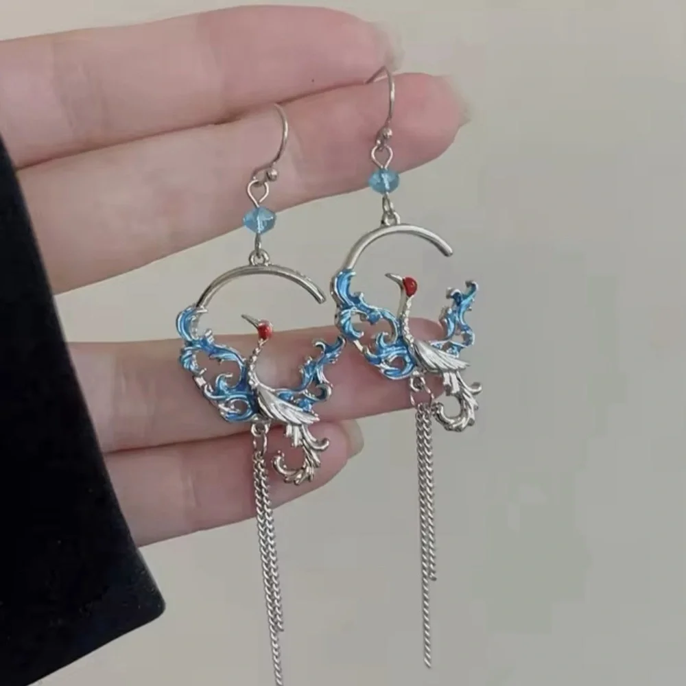 925 Sterling Silver Bohemian Redhead Heron In Seascape Drop Hook Earrings